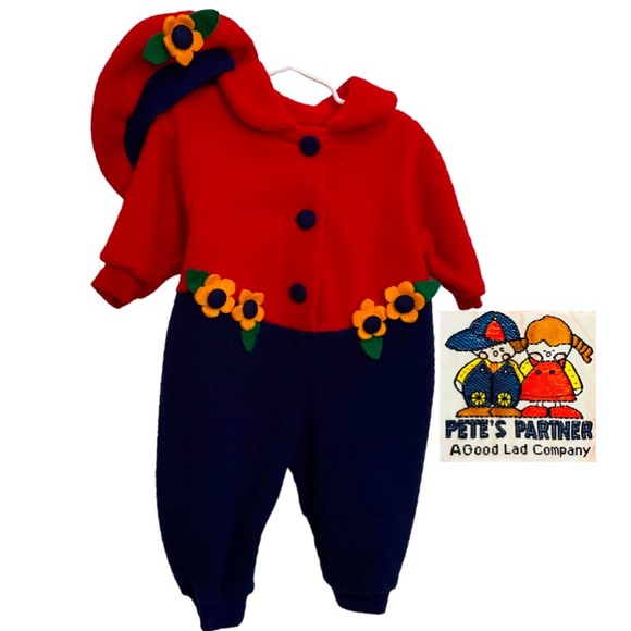 Vintage PETE’S PARTNER Fleece Romper & Beret Both Adorned W/Flowers Sz 6-9 M - Picture 1 of 6